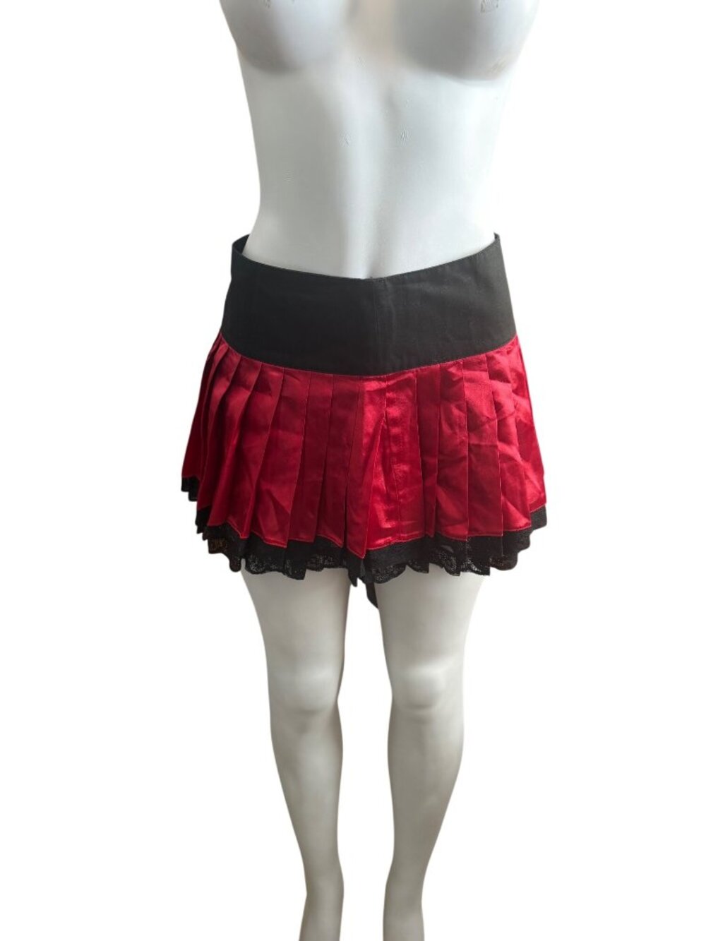 Burlesk Red & Black Pleated Mini Skirt With Lace Trim And Tie Straps
